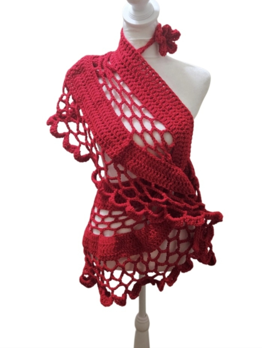 Handmade Red Crochet One-Shoulder Shawl Unique 5-way Hand Knit Summer Boho Piece - Picture 5 of 16